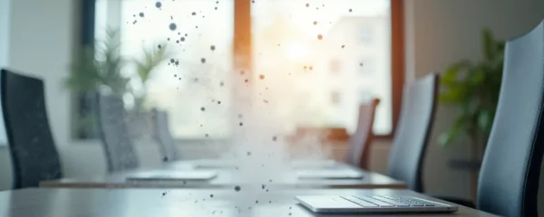 Bureaux modernes avec pulvérisation électrostatique en action, surfaces brillantes et particules chargées flottant dans l'air