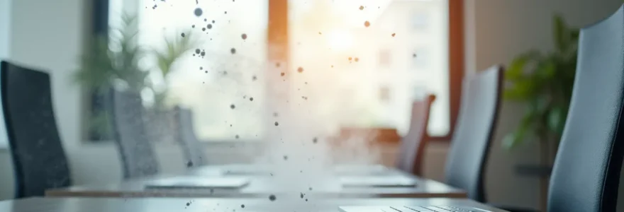 Bureaux modernes avec pulvérisation électrostatique en action, surfaces brillantes et particules chargées flottant dans l'air