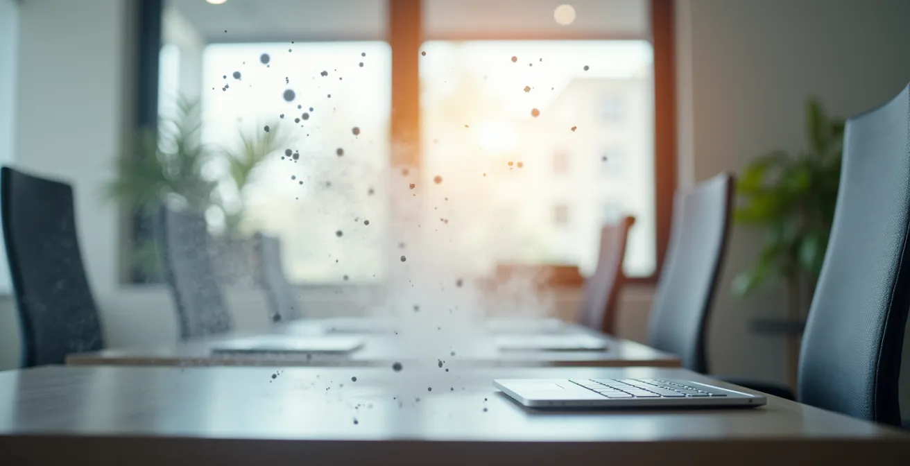 Bureaux modernes avec pulvérisation électrostatique en action, surfaces brillantes et particules chargées flottant dans l'air