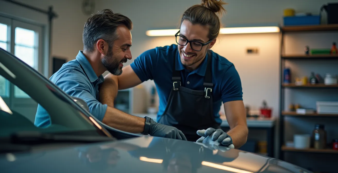 Detailer professionnel présentant le résultat d'un traitement céramique à un client satisfait