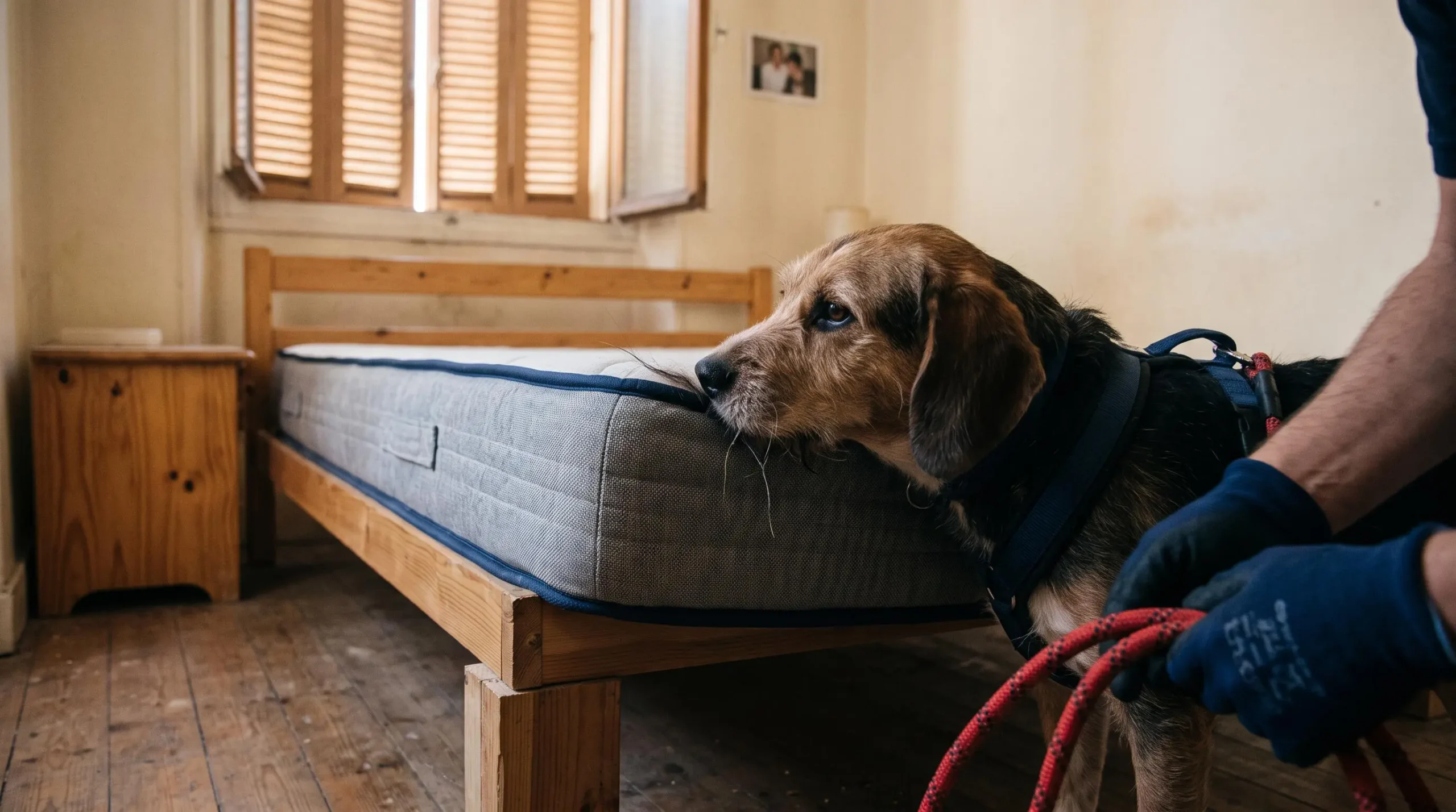 Un chien détecteur renifle le coutil d'un matelas surélevé lors d'une inspection dans une chambre.
