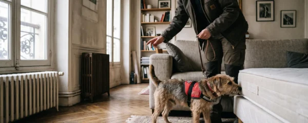Un maître-chien et son chien détecteur de punaises de lit inspectent la base d'un canapé dans un appartement.