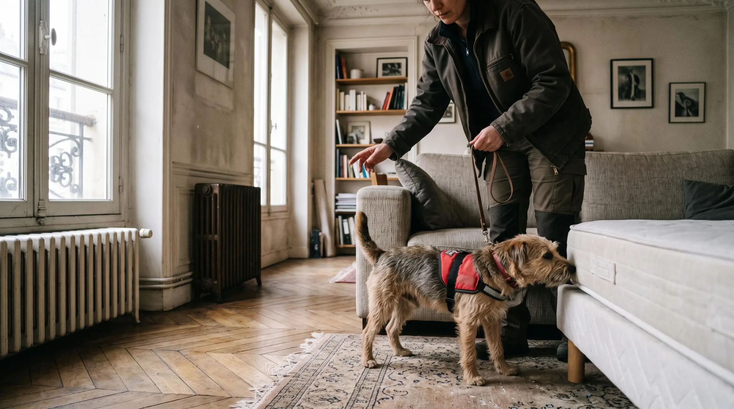 Un maître-chien et son chien détecteur de punaises de lit inspectent la base d'un canapé dans un appartement.