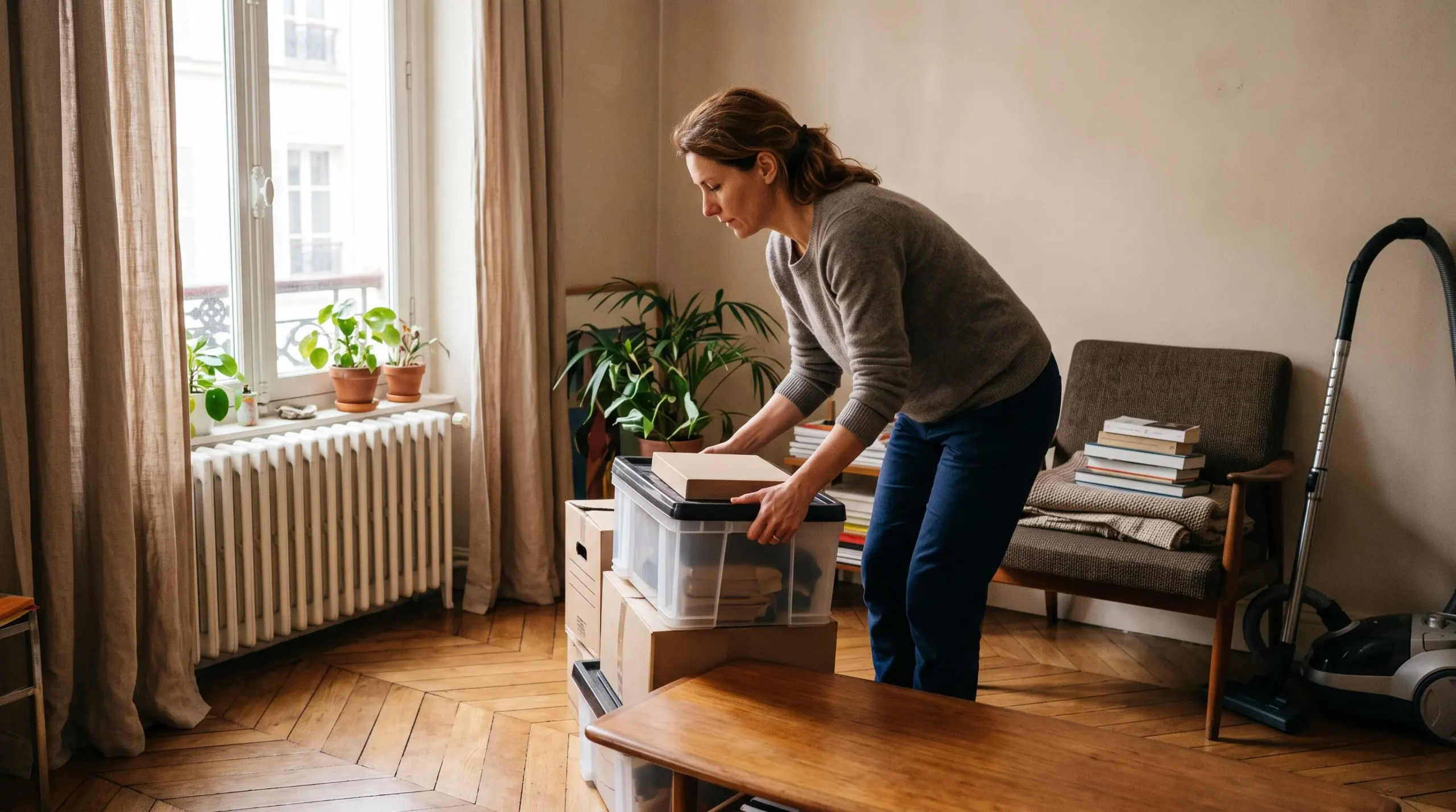 Une femme range des cartons et dégage le sol de son salon pour préparer l'inspection canine.