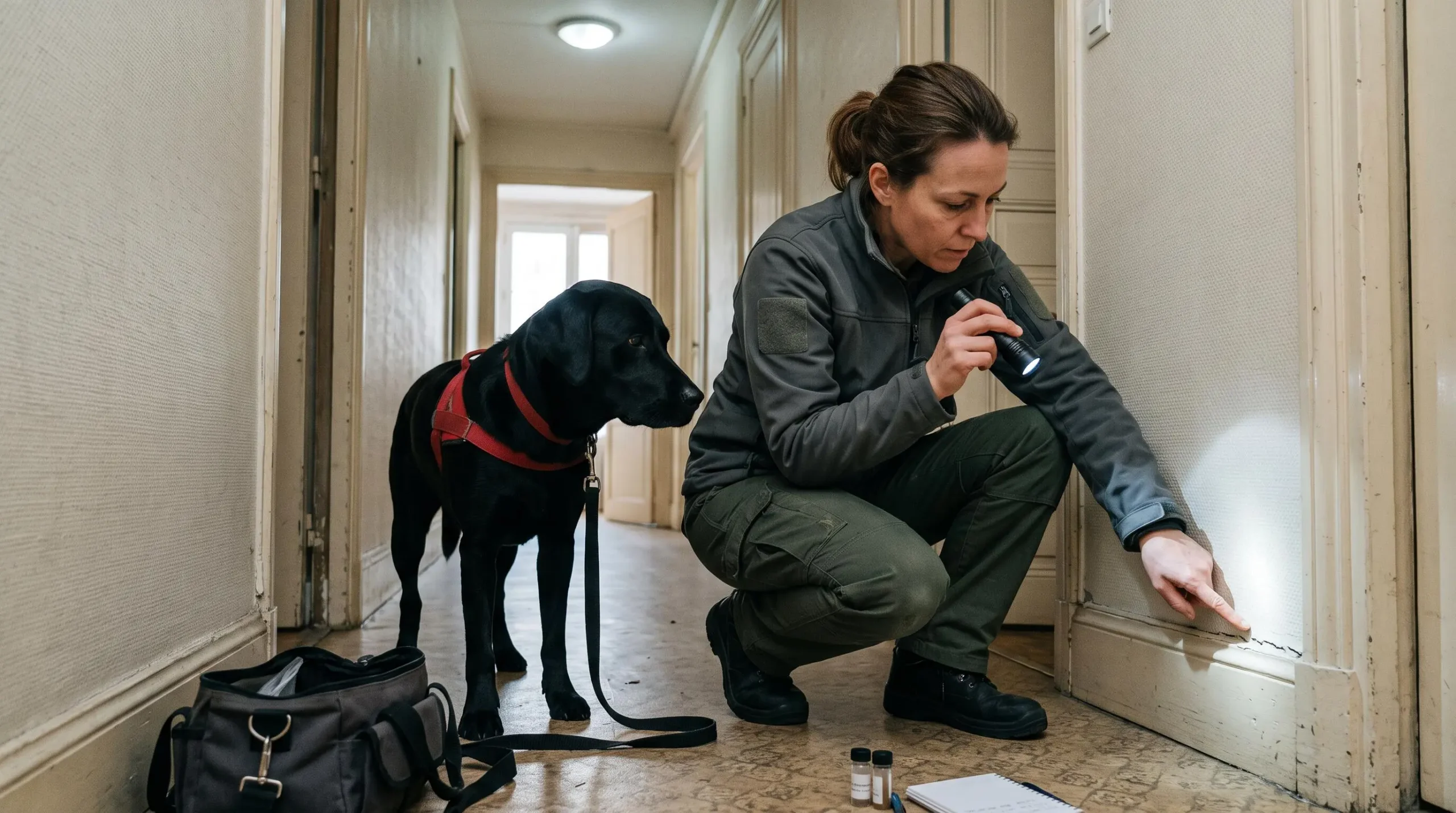 Un technicien accroupi examine une plinthe avec une lampe torche à côté de son chien détecteur.